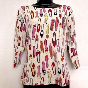 Silk City STRETCH Cotton silk Blend Chic Knit Top L Groovy Shoe Prints